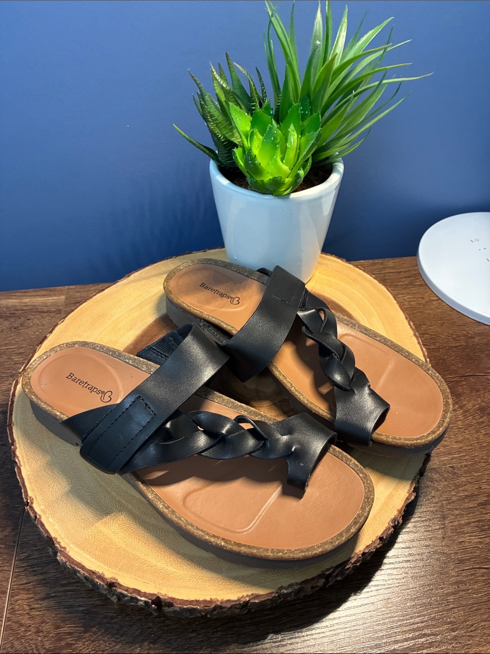 BareTraps Haron Black Braided Leather Slide Sandals with Tan Footbed
